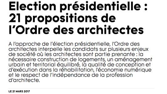 Élection présidentielle : 21 propositions de l'Ordre des architectes